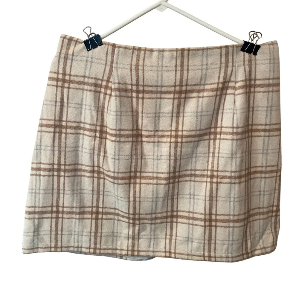 Plaid Mini Skirt Cream Tan Textured XXL Office Collegiate Vintage Look Classic - Picture 1 of 9